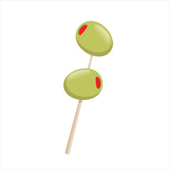 Pepper stuffed olives. Two stuffed olives on toothpick. Pickled olives vector. Green olives on a wooden stick. Vector design element. Food elements. Isolated on white. Appetizers icon.