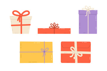 Set of gift boxes with bow. Present boxes, tied with wrapping ribbon. Flat vector isolated illustration