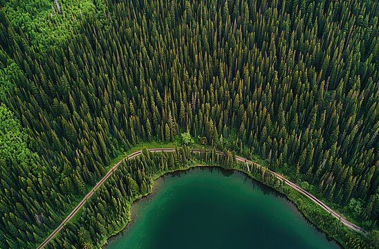 Calm aerial view of pristine lake among green forest