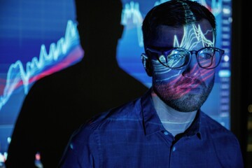 Front view, portrait. Business coach against projector with data