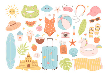 Summer set with suitcase, surfboard, bikini, sea shells, camera, swimming ring, ice cream, fruits. Summer vacation stickers set. Vector illustration in flat style