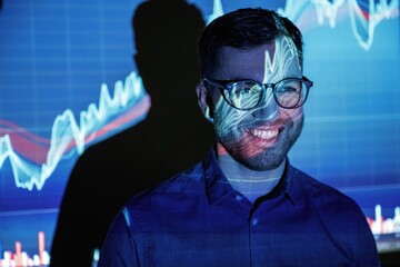 Smiling, positive emotions. Business coach against projector with data