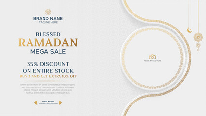 Ramadan Kareem Sale Banner Islamic Ornament Lantern Background, Ramadan sale social media post with empty space for photo
