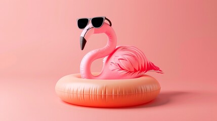 Illustrate a pink flamingo with sunglasses floating in an inflatable circle, embodying a summer minimal concept
