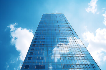 Looking up at a convergence of sleek skyscrapers reaching into a clear blue sky with scattered clouds. Generative AI