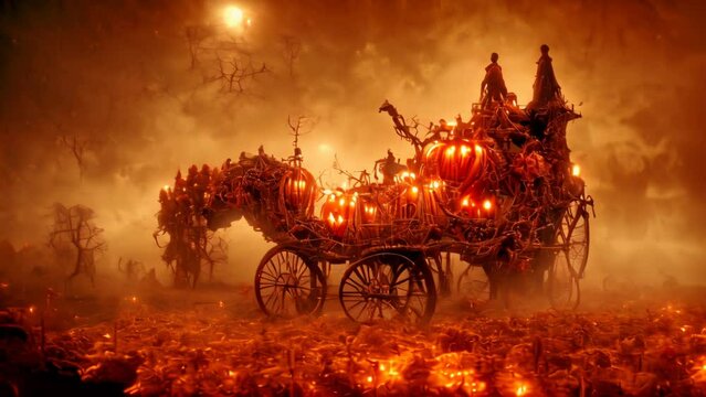 An eerie horse-drawn cart manned by a zombie trudges through a darkened forest at midnight and the full moon. AI-generated and fantasy digital painting