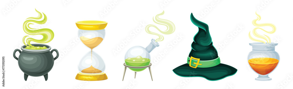 Poster magic object and element with cauldron, hourglass, witch hat and flask vector set