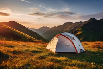 Colorful Camping tent  in the mountains at sunset Beautiful summer landscape A luxury camping tent on a meadow for outdoor holidays, Ai generated