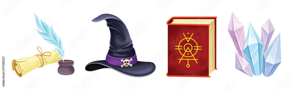 Poster magic object and element with scroll, spellbook, crystal and witch hat vector set