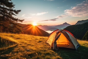 Colorful Camping tent  in the mountains at sunset Beautiful summer landscape A luxury camping tent...