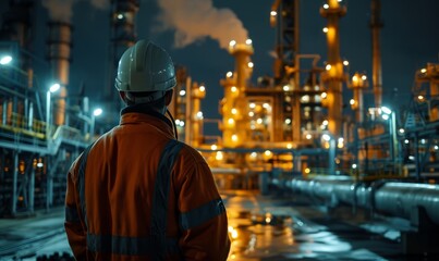 Obraz premium man engineer in uniform working and check outside factory of Large oil pipeline and gas pipeline in the process of oil refining and the movement of oil and gas