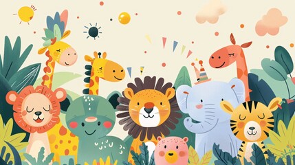 illustration of Zoo animals rave party, flat style, mischievous yet sophisticated joy, space for text