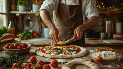 Skilled chef in a rustic kitchen setting expertly prepares a fresh, traditional Italian pizza.