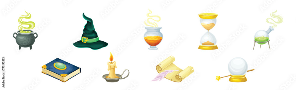 Poster magic object and element with cauldron, hourglass, witch hat and flask vector set