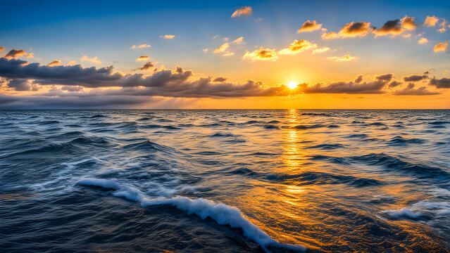 The sunrise scenery on the sea, beautiful evening sunset and waves