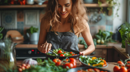 Woman preparing salad in kitchen, domestic life, one person, tomato, white ethnicity - obrazy, fototapety, plakaty