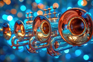 Detailed view of a trumpet against a vibrant blue backdrop