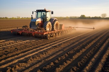 Fototapeta premium Cultivator Application of manure on arable farmland, Tractor preparing land for sowing with a seedbed , Ai generated