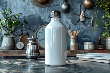 Elegant White Water Bottle Mock-Up Scene, Office Stationery, Concrete Table Setting, Artistic Background for Product Presentation and Branding.