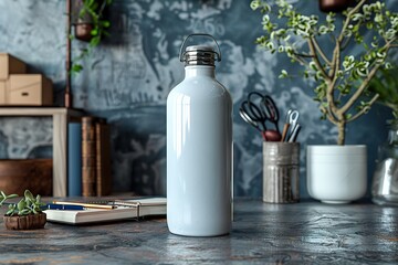 Elegant White Water Bottle Mock-Up Scene, Office Stationery, Concrete Table Setting, Artistic Background for Product Presentation and Branding.