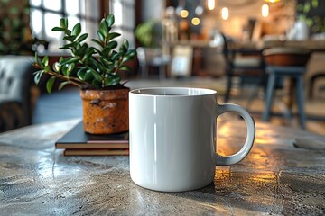 Elegant Blank White Mug Amidst Office Stationery, Nestled on a Concrete Table with Lush Greenery, Perfect for Branding and Mock Ups