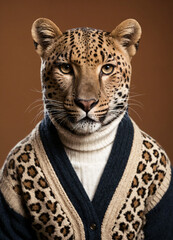 Portrait of a leopard who is dressed in a cardigan and shirt for a photo shoot on a chestnut, brown and gray plain background.