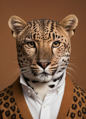 Portrait of a leopard who is dressed in a cardigan and shirt for a photo shoot on a chestnut, brown and gray plain background.