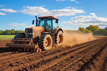 Cultivator Application of manure on arable farmland, Tractor preparing land for sowing with a seedbed , Ai generated