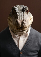 Portrait of a crocodile who is dressed in a cardigan and shirt for a photo shoot on a chestnut, brown and gray plain background.