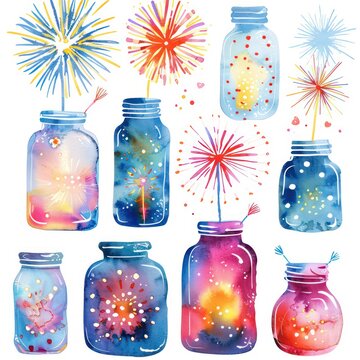A collection of watercolor fireworks in a jar clipart representing bottled excitement