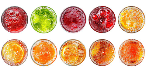 Collection top view of glasses with Soda colorful drinks menu isolated on background, mocktail or cocktail for refreshing. - obrazy, fototapety, plakaty
