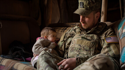 Soldado em casa com seu filho no colo - obrazy, fototapety, plakaty