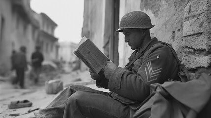 Soldado sentado na rua lendo a bíblia 