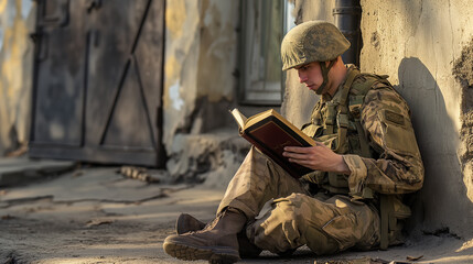 Soldado sentado na rua lendo a bíblia 