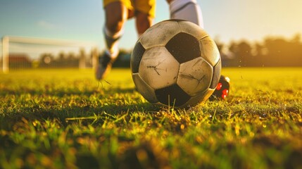 A football player runs on the field with a ball and scores a goal. Sports background for advertising competitions, sports news, sports betting.
