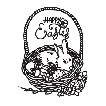 Easter card with rabbit and eggs Vector Illustration Outline