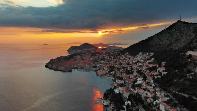 Aerial view of Dubrovnik at sunset, city in southern Croatia coast of Adriatic Sea, Europe, 4k
