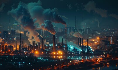 A nocturnal cityscape overwhelmed by the dense smoke emissions from industrial factories, reflecting environmental concerns. - obrazy, fototapety, plakaty