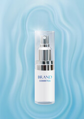 Illustration of a cosmetic bottle displayed on blue water background with waves. 3d hydrating moisturizer banner ad.vector illustration .