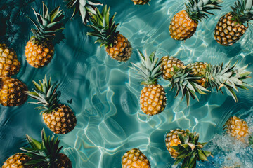 Fototapeta premium Overhead view of pineapple fruit floating in a summer swimming pool