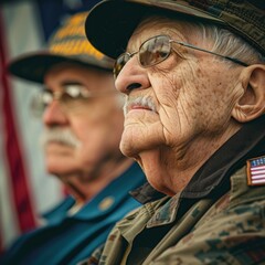 Veterans holding the American flag high - obrazy, fototapety, plakaty