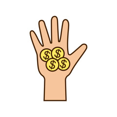 Hand with money and a coins with a dollar sign on the palm. Color vector icon and illustration on white background.
