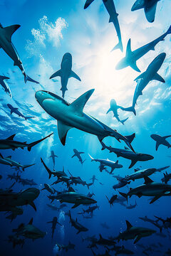 Black tip sharks (Carcharhinus limbatus) circling divers in the Indian Ocean
