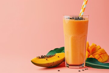 Smoothie with mango and papaya, tropical cocktail background, space for text