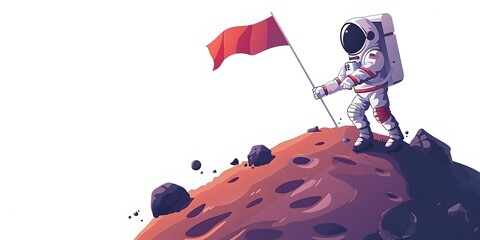 an astronaut character standing on an unknown alien planet planting a flag as a symbol of conquest