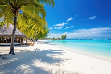 Beautiful tropical beach  with few palm trees and blue lagoon Amazing white beaches of Mauritius...
