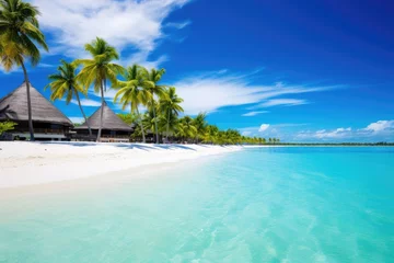 Foto op Canvas Beautiful tropical beach  with few palm trees and blue lagoon Amazing white beaches of Mauritius island, AI generated © Tanu