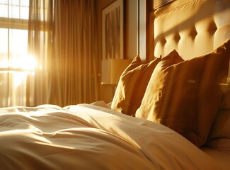 Beige bed with white pillows and a brown fabric pillow in a luxury hotel room, sunlight coming...