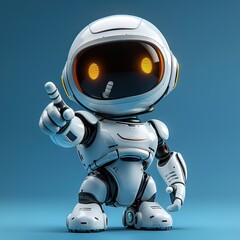 Friendly Mini Robot Pointing Fingers at Copy Space A Perfect Blend of Technology and Cuteness on a Vibrant Blue Background
