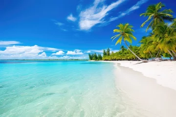 Photo sur Plexiglas Turquoise Beautiful tropical beach  with few palm trees and blue lagoon Amazing white beaches of Mauritius island, AI generated